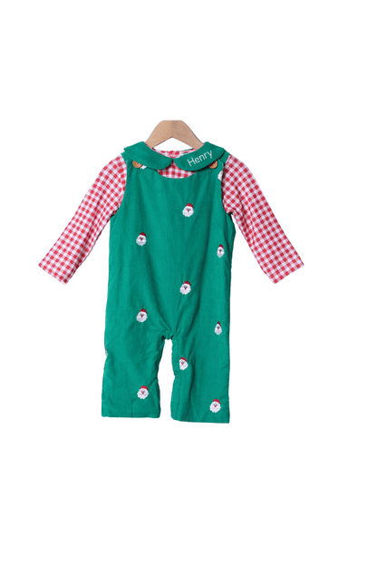 The Smocked Flamingo Apparel & Accessories Embroidered Santa Green Corduroy 2pc Longall Set