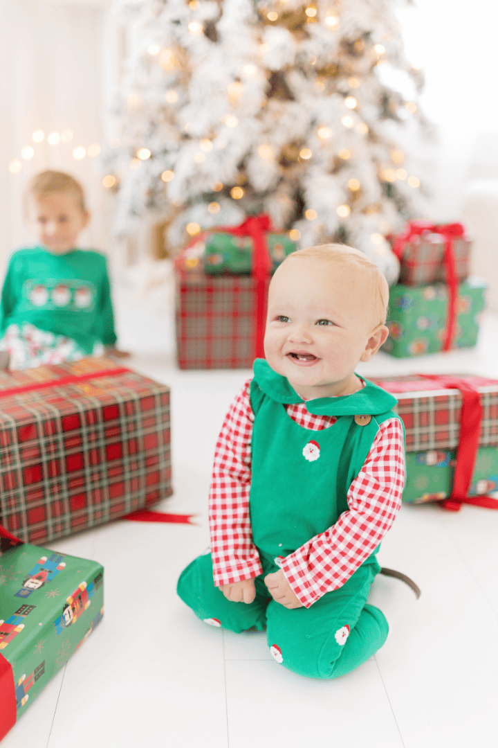The Smocked Flamingo Apparel & Accessories Embroidered Santa Green Corduroy 2pc Longall Set