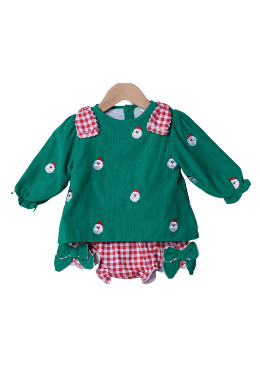The Smocked Flamingo Apparel & Accessories Embroidered Santa Green Corduroy Bow Bloomer Set