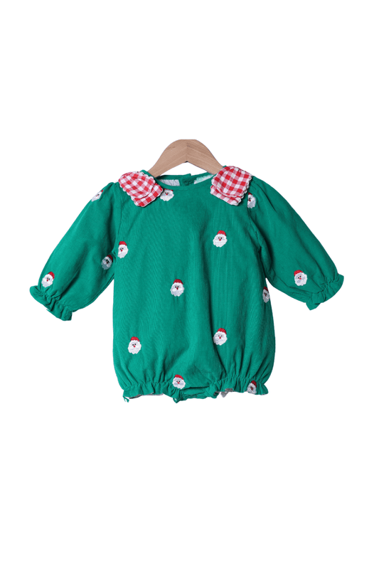 The Smocked Flamingo Apparel & Accessories Embroidered Santa Green Corduroy Bow Bubble