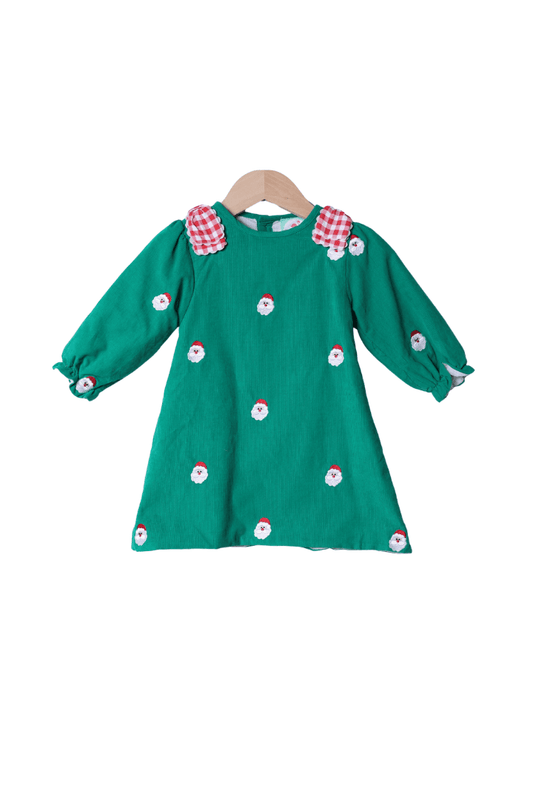 The Smocked Flamingo Apparel & Accessories Embroidered Santa Green Corduroy Bow Dress