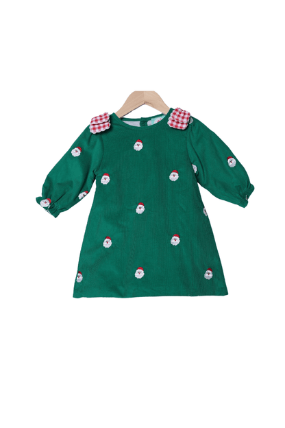 The Smocked Flamingo Apparel & Accessories Embroidered Santa Green Corduroy Bow Dress