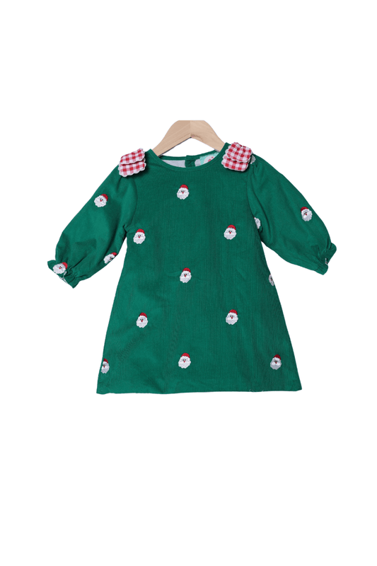 The Smocked Flamingo Apparel & Accessories Embroidered Santa Green Corduroy Bow Dress
