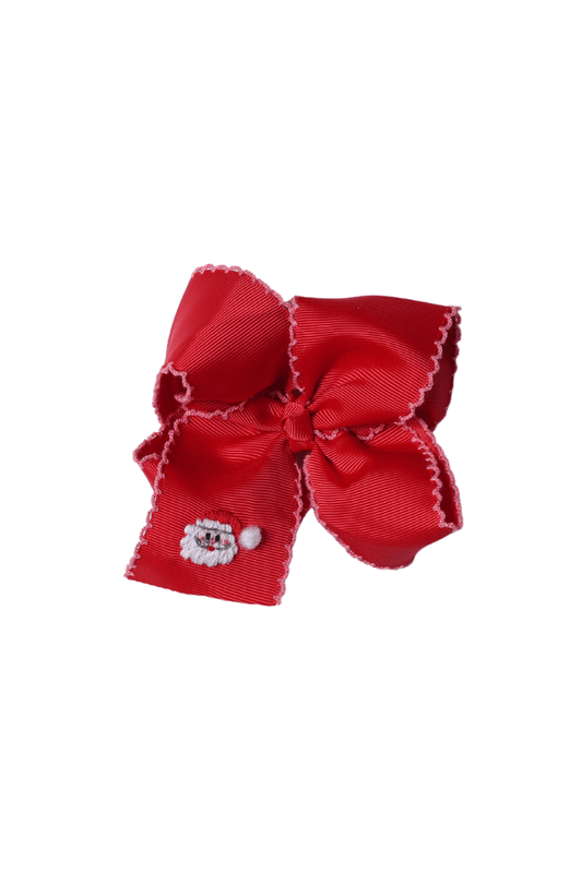 The Smocked Flamingo Apparel & Accessories Embroidered Santa Scalloped Edge Grosgrain Bow Red/Pink