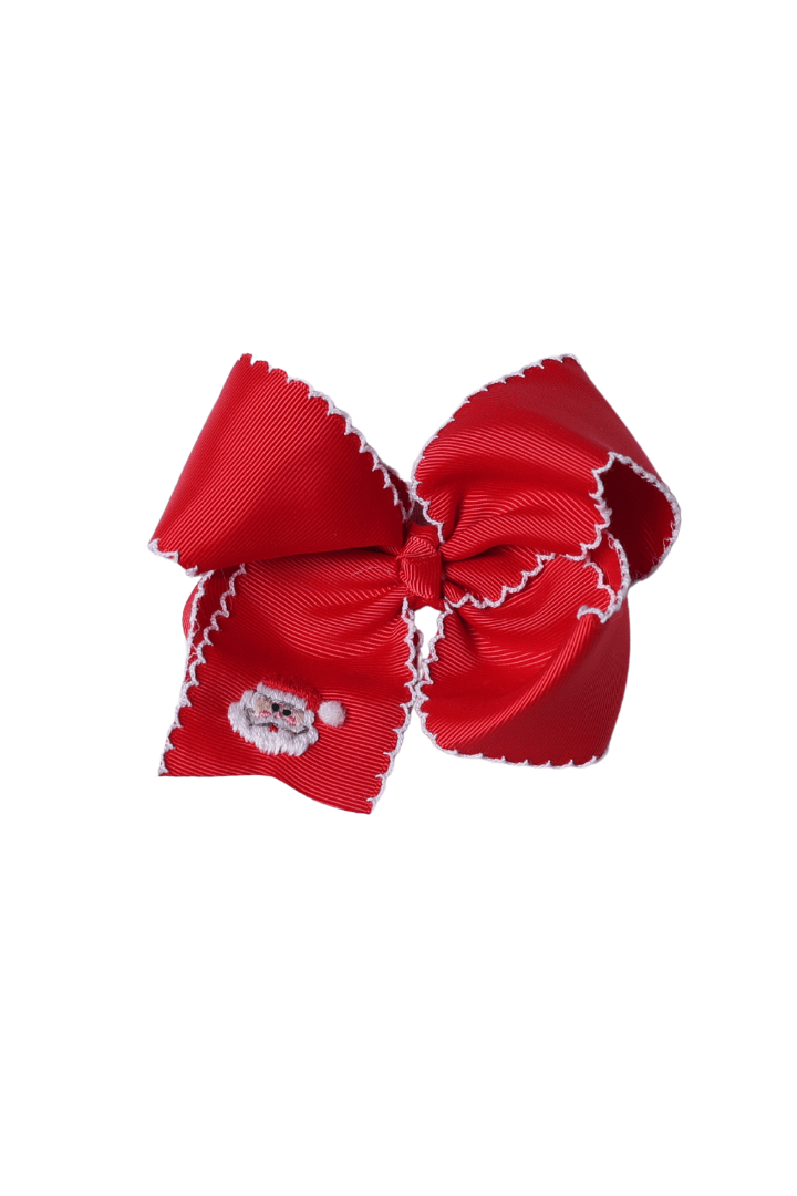 The Smocked Flamingo Apparel & Accessories Embroidered Santa Scalloped Edge Grosgrain Bow Red/White