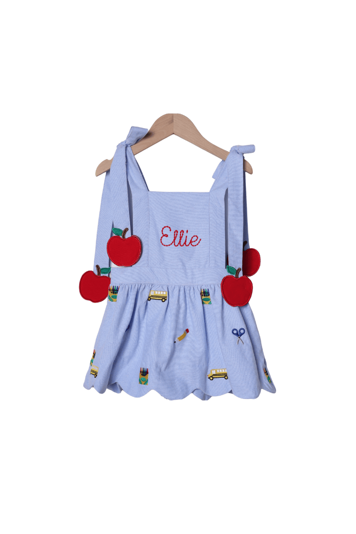 The Smocked Flamingo Apparel & Accessories Embroidered School Days Apple Tie Dress