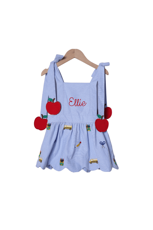 The Smocked Flamingo Apparel & Accessories Embroidered School Days Apple Tie Dress