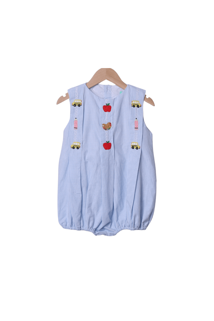 The Smocked Flamingo Apparel & Accessories Embroidered School Days Blue Gingham Bubble