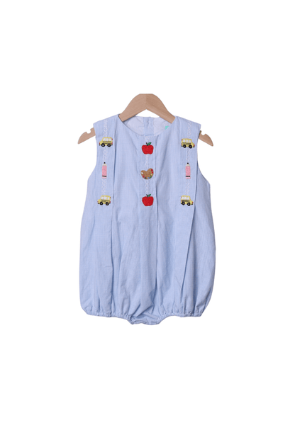 The Smocked Flamingo Apparel & Accessories Embroidered School Days Blue Gingham Bubble