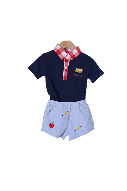 The Smocked Flamingo Apparel & Accessories Embroidered School Days Polo Short Set