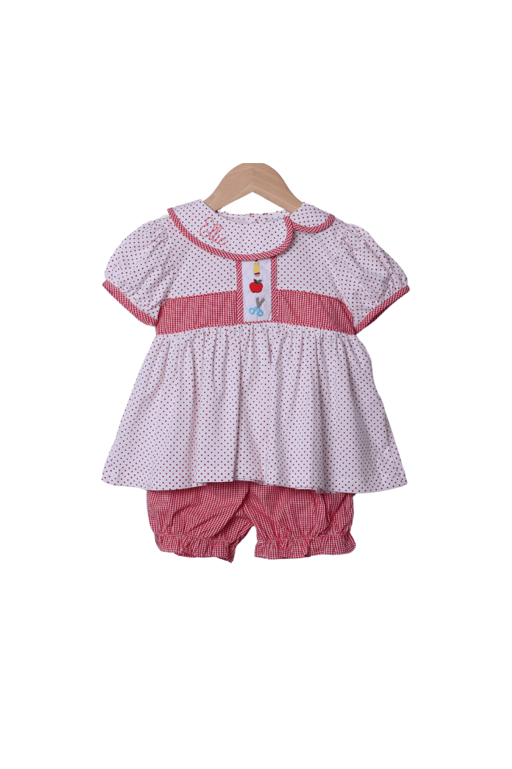 The Smocked Flamingo Apparel & Accessories Embroidered School Supplies Red Bitty Dot Bloomer Set