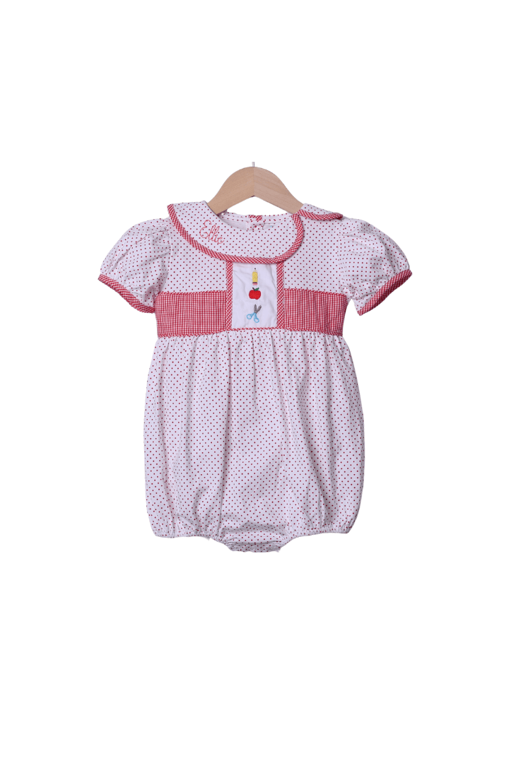 The Smocked Flamingo Apparel & Accessories Embroidered School Supplies Red Bitty Dot Bubble