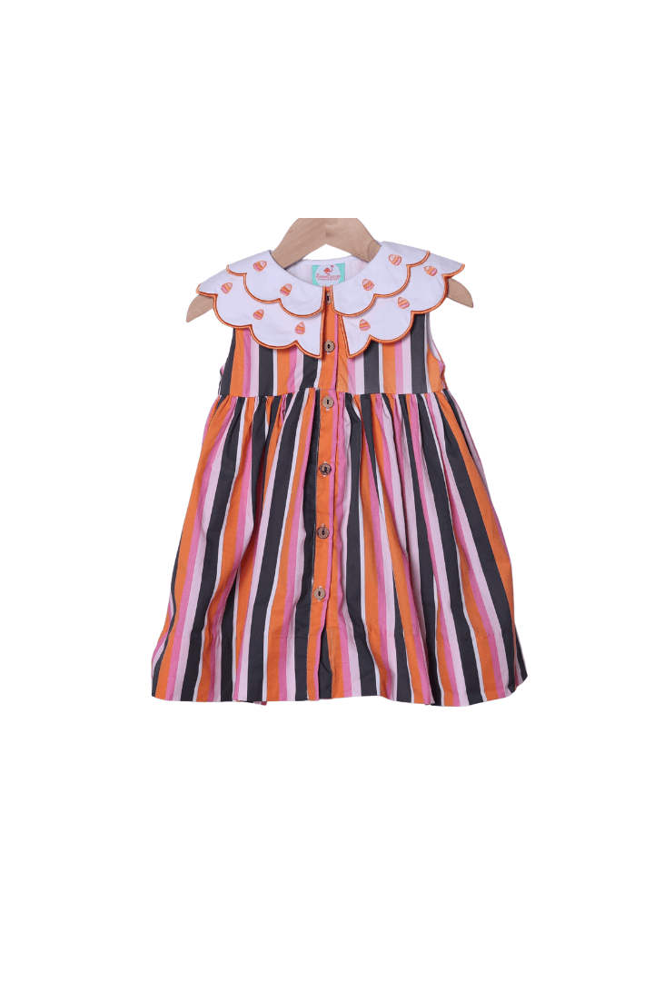 The Smocked Flamingo Apparel & Accessories Embroidered Striped Candy Corn Button Dress