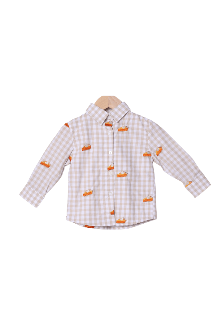 The Smocked Flamingo Apparel & Accessories Embroidered Sweet as Pie Khaki Gingham Button Down