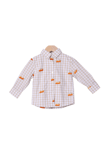The Smocked Flamingo Apparel & Accessories Embroidered Sweet as Pie Khaki Gingham Button Down