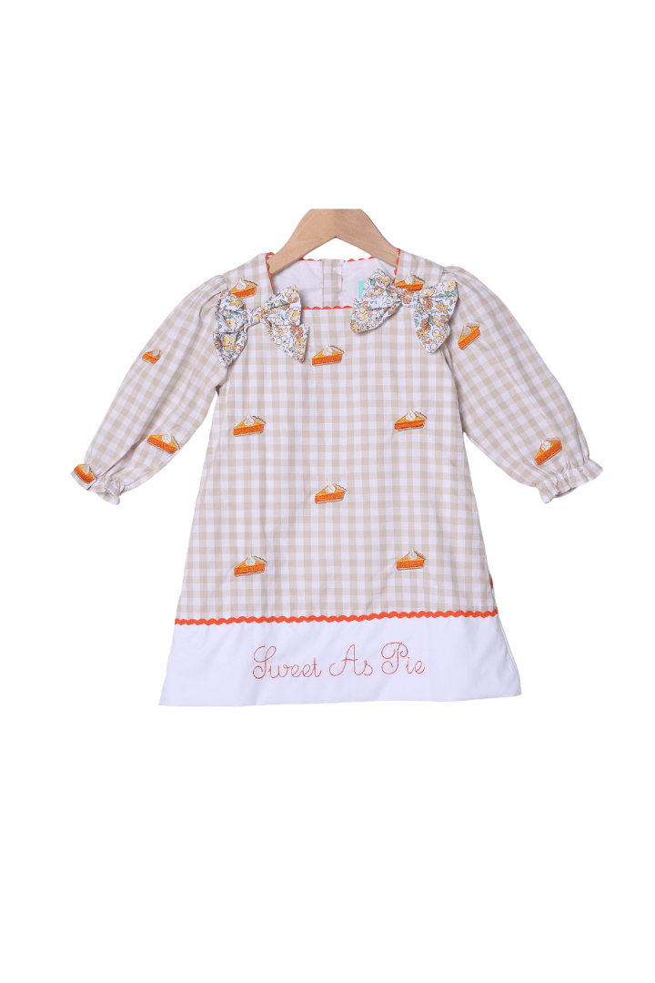 The Smocked Flamingo Apparel & Accessories Embroidered Sweet as Pie Khaki Gingham Dress