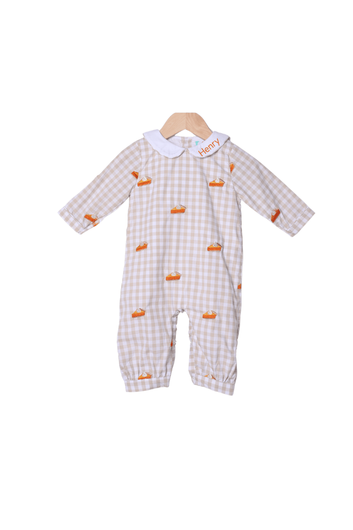 The Smocked Flamingo Apparel & Accessories Embroidered Sweet as Pie Khaki Gingham Romper