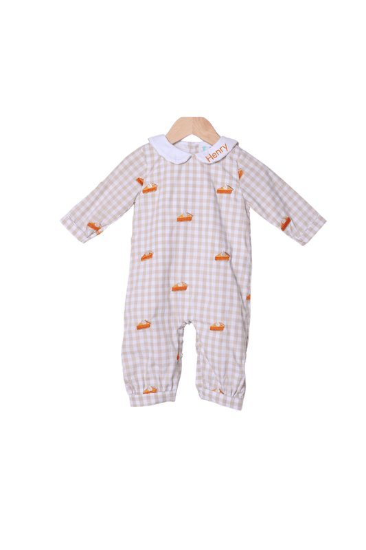 The Smocked Flamingo Apparel & Accessories Embroidered Sweet as Pie Khaki Gingham Romper