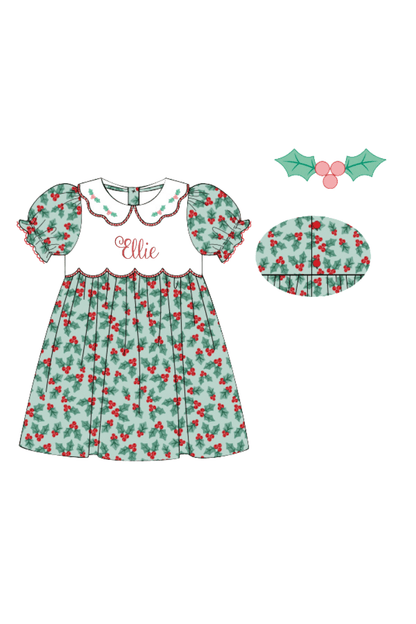 The Smocked Flamingo Apparel & Accessories Embroidered Sweet Scalloped Holly Honeycomb Dress