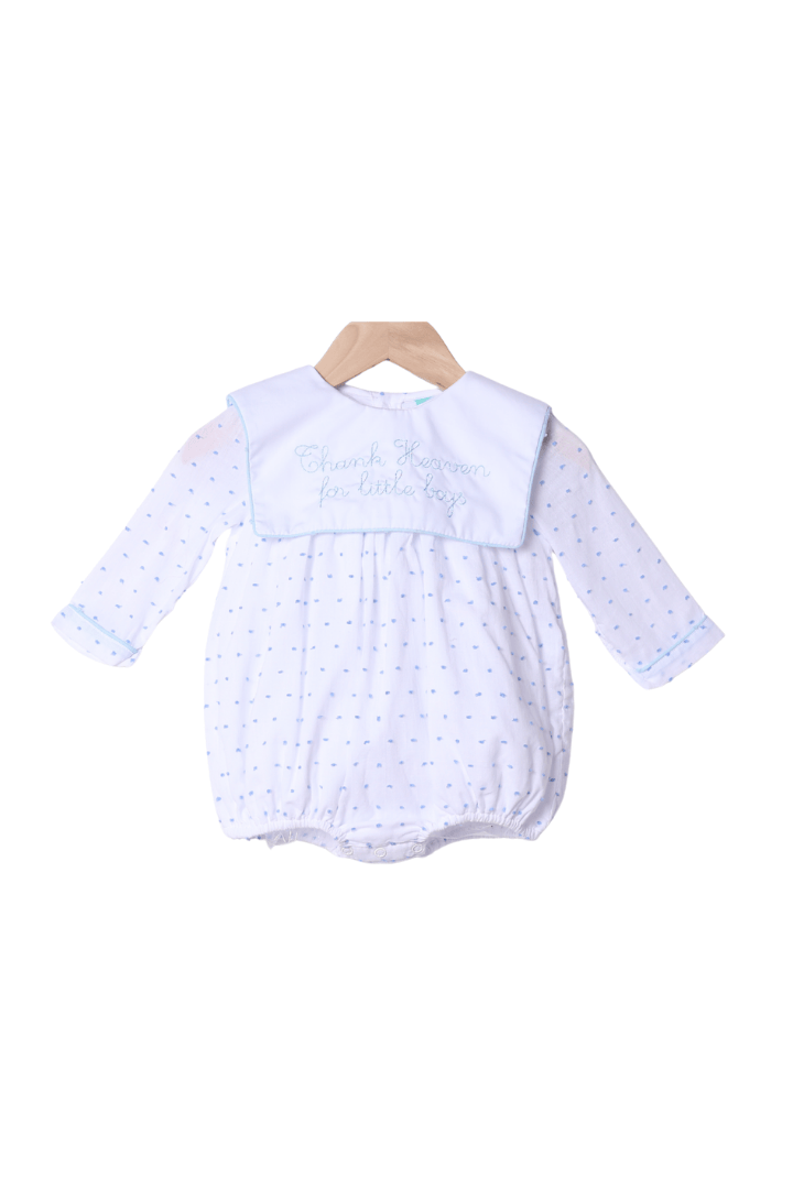 The Smocked Flamingo Apparel & Accessories Embroidered Thank Heaven for Little Boys Long Sleeve Blue Swiss Dot Bubble