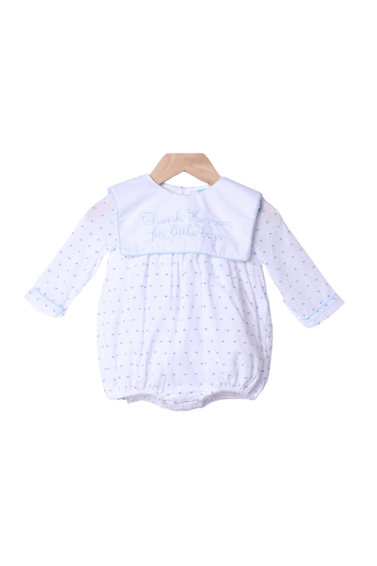 The Smocked Flamingo Apparel & Accessories Embroidered Thank Heaven for Little Boys Long Sleeve Blue Swiss Dot Bubble