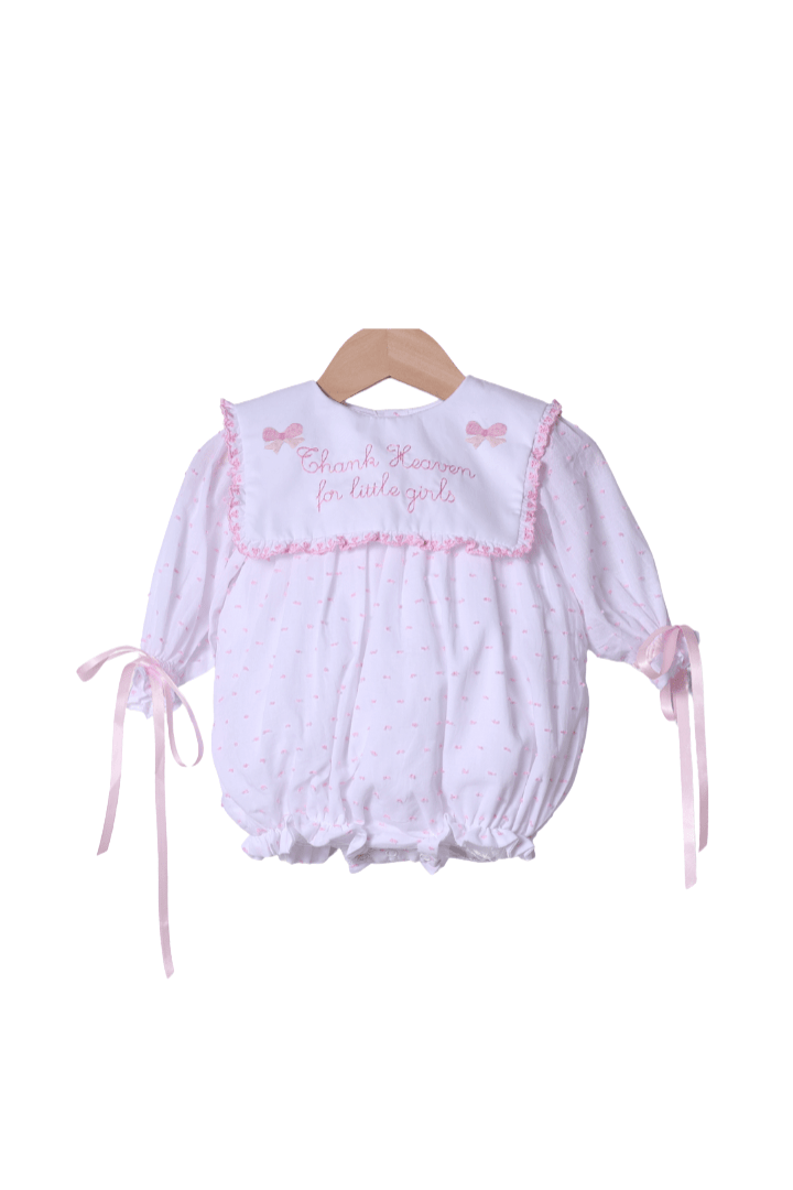 The Smocked Flamingo Apparel & Accessories Embroidered Thank Heaven for Little Girls Long Sleeve Pink Swiss Dot Bow Bubble