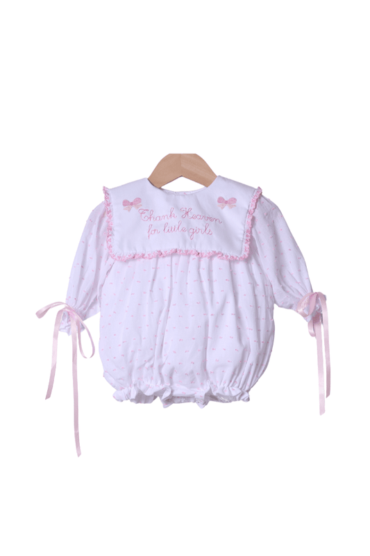 The Smocked Flamingo Apparel & Accessories Embroidered Thank Heaven for Little Girls Long Sleeve Pink Swiss Dot Bow Bubble