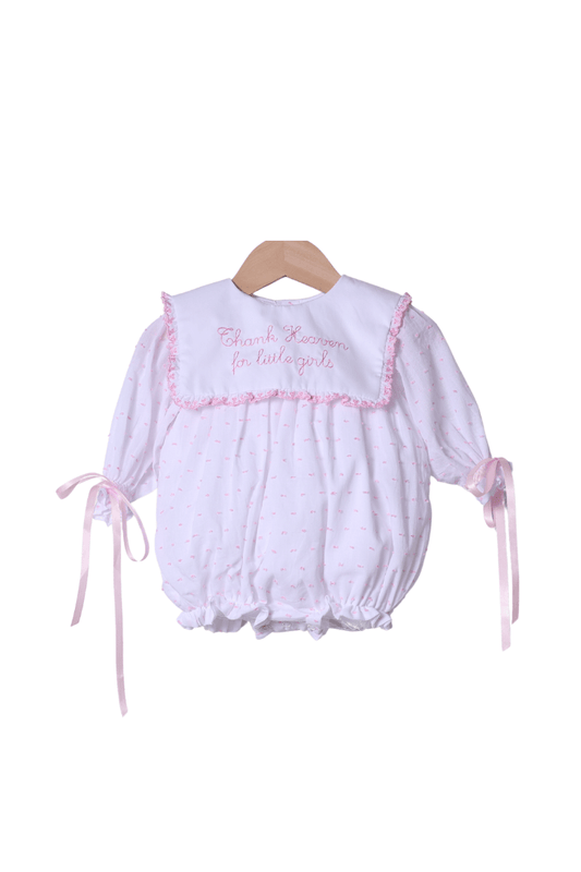 The Smocked Flamingo Apparel & Accessories Embroidered Thank Heaven for Little Girls LONG SLEEVE Pink Swiss Dot Bubble