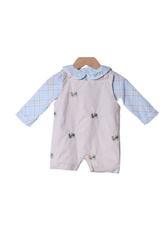 The Smocked Flamingo Apparel & Accessories Embroidered Turkey Blue Plaid/Khaki Gingham Jon Jon Set