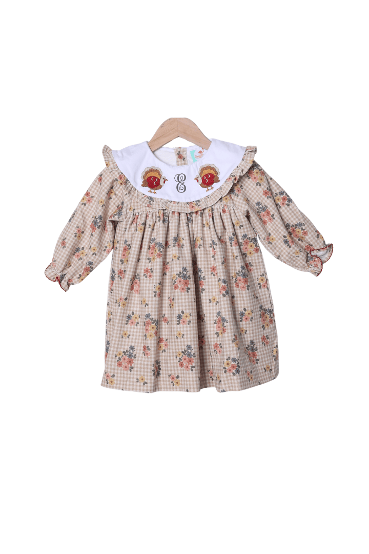 The Smocked Flamingo Apparel & Accessories Embroidered Turkey Corduroy Floral Dress