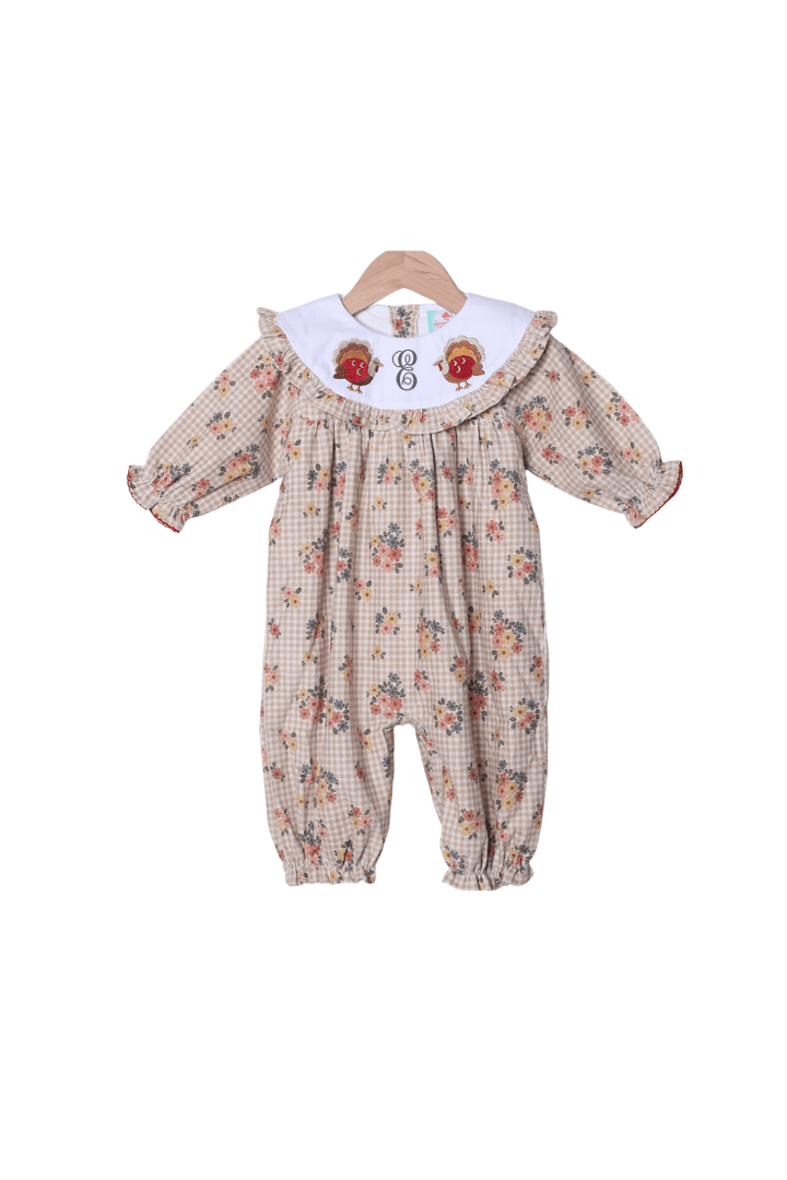 The Smocked Flamingo Apparel & Accessories Embroidered Turkey Corduroy Floral Romper