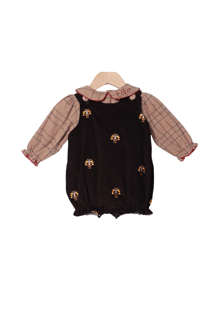 The Smocked Flamingo Apparel & Accessories Embroidered  Turkey Fall Flannel and Corduroy 2 Pc Bubble