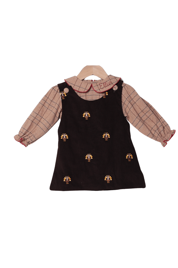 The Smocked Flamingo Apparel & Accessories Embroidered  Turkey Fall Flannel and Corduroy 2 Pc Dress