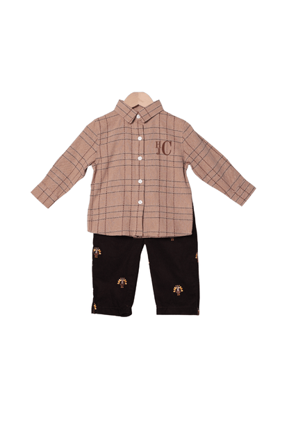 The Smocked Flamingo Apparel & Accessories Embroidered  Turkey Fall Flannel and Corduroy Button Down and Pant Set