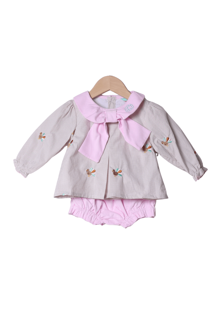 The Smocked Flamingo Apparel & Accessories Embroidered Turkey Pink/Khaki Gingham Bow Bloomer Set