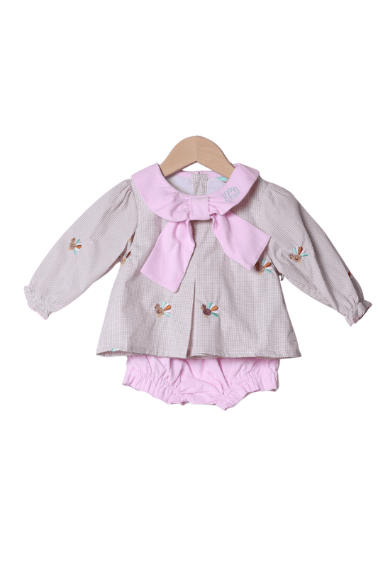 The Smocked Flamingo Apparel & Accessories Embroidered Turkey Pink/Khaki Gingham Bow Bloomer Set