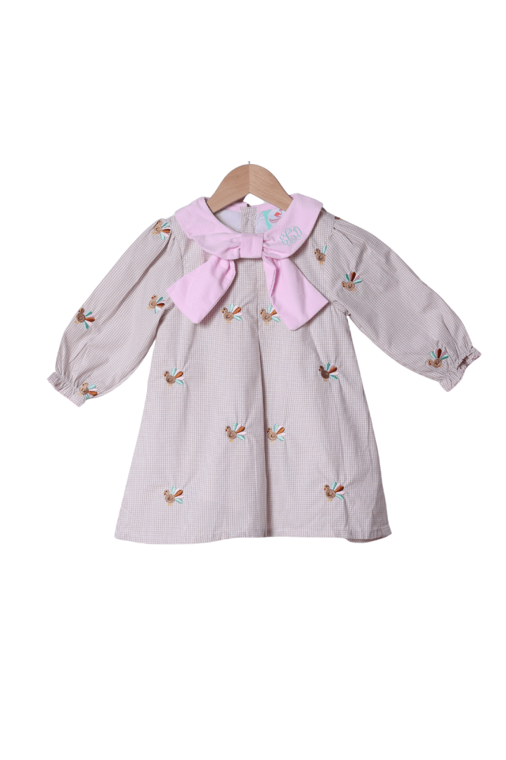 The Smocked Flamingo Apparel & Accessories Embroidered Turkey Pink/Khaki Gingham Bow Dress