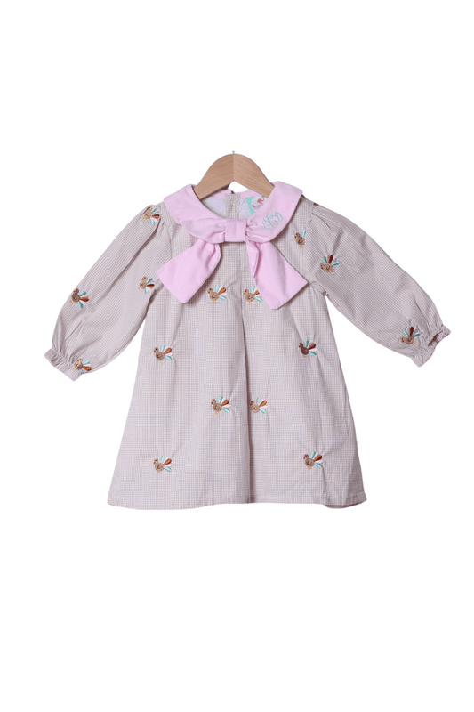 The Smocked Flamingo Apparel & Accessories Embroidered Turkey Pink/Khaki Gingham Bow Dress