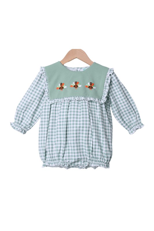 The Smocked Flamingo Apparel & Accessories Embroidered Turkey Sage Green Gingham Bubble