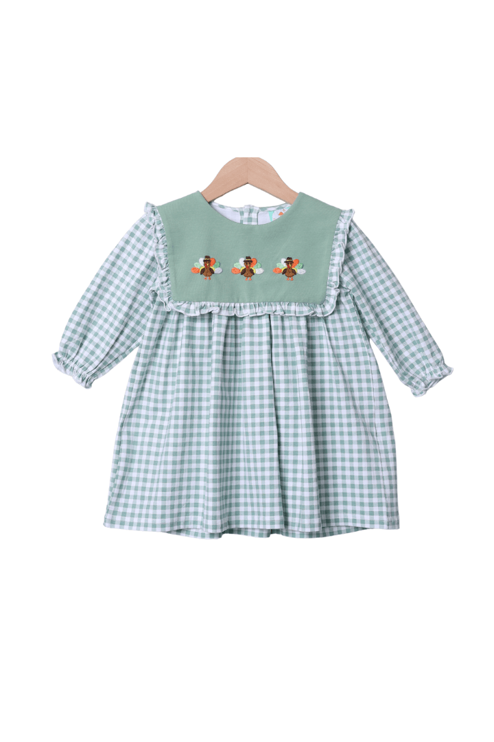 The Smocked Flamingo Apparel & Accessories Embroidered Turkey Sage Green Gingham Dress