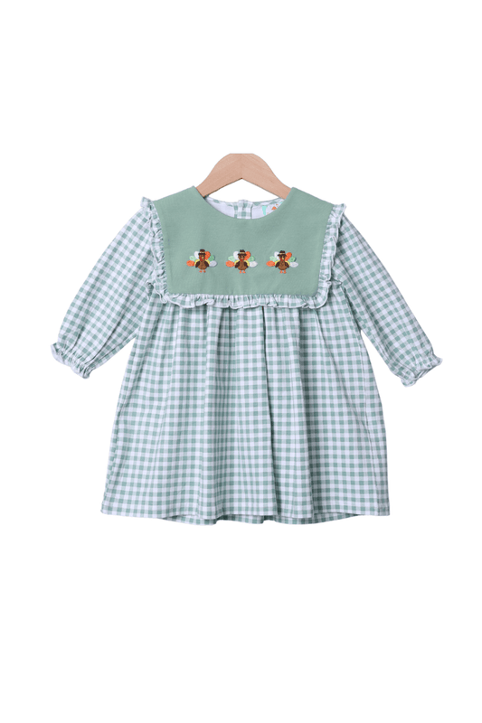The Smocked Flamingo Apparel & Accessories Embroidered Turkey Sage Green Gingham Dress