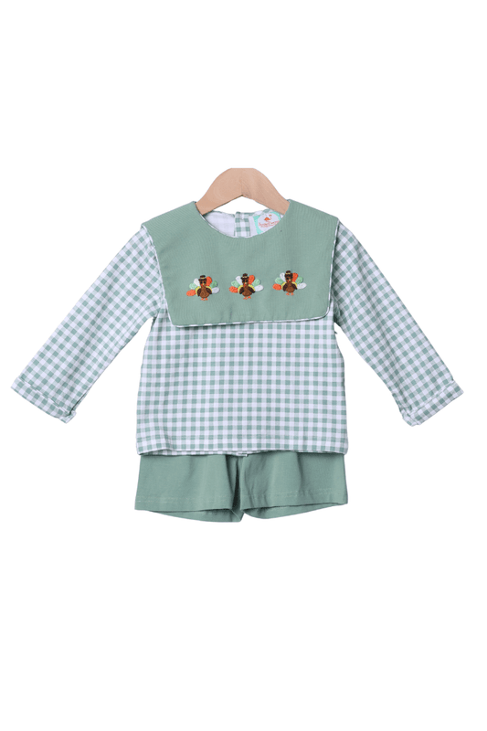 The Smocked Flamingo Apparel & Accessories Embroidered Turkey Sage Green Gingham Short Set
