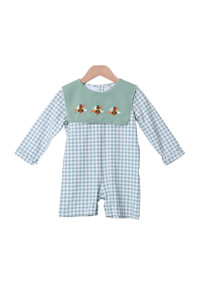 The Smocked Flamingo Apparel & Accessories Embroidered Turkey Sage Green Gingham Shortall