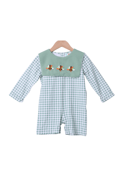 The Smocked Flamingo Apparel & Accessories Embroidered Turkey Sage Green Gingham Shortall