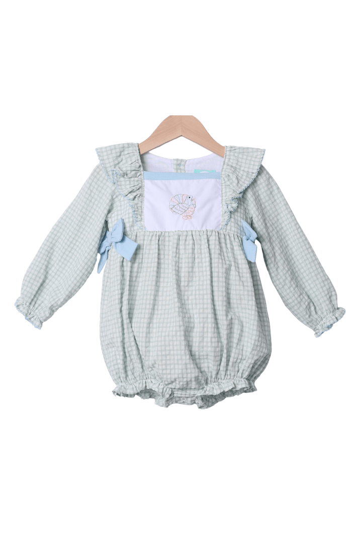 The Smocked Flamingo Apparel & Accessories Embroidered Turkey Sage Windowpane/Blue Linen Bow Bubble