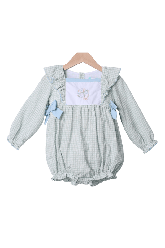 The Smocked Flamingo Apparel & Accessories Embroidered Turkey Sage Windowpane/Blue Linen Bow Bubble