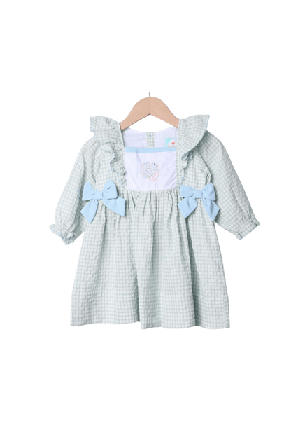 The Smocked Flamingo Apparel & Accessories Embroidered Turkey Sage Windowpane/Blue Linen Bow Dress