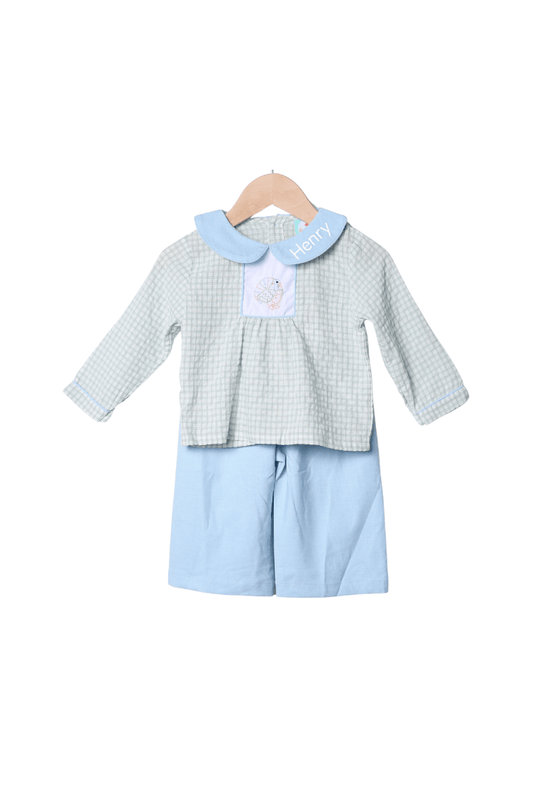 The Smocked Flamingo Apparel & Accessories Embroidered Turkey Sage Windowpane/Blue Linen Pant Set