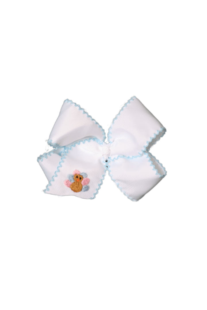 The Smocked Flamingo Apparel & Accessories Embroidered Turkey Scalloped Edge Grosgrain Bow White/Blue