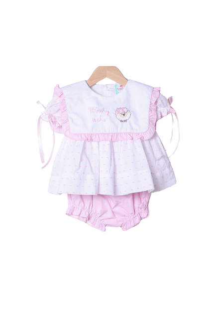 The Smocked Flamingo Apparel & Accessories Embroidered Worthy IS the Lamb Swiss Dot Bloomer Set
